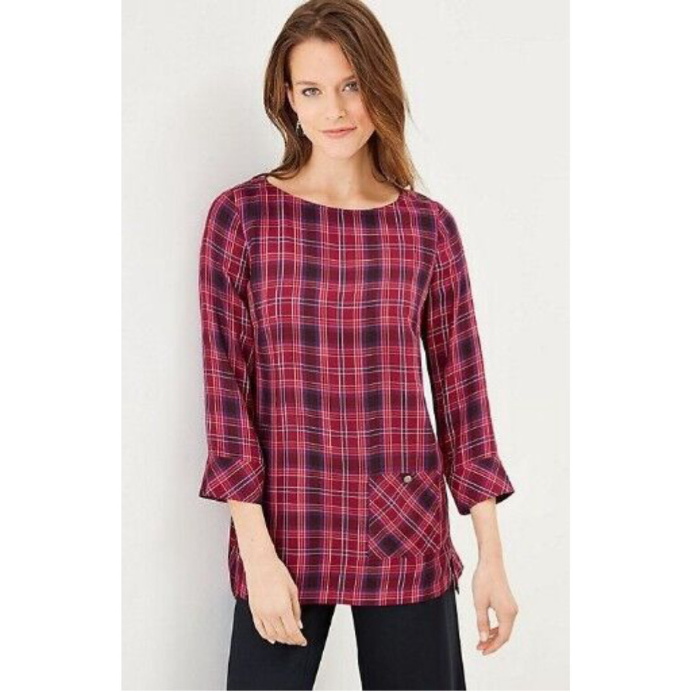 J Jill burgundy Blue Plaid 3/4 Sleeve Lightweight Tunic Size M‎